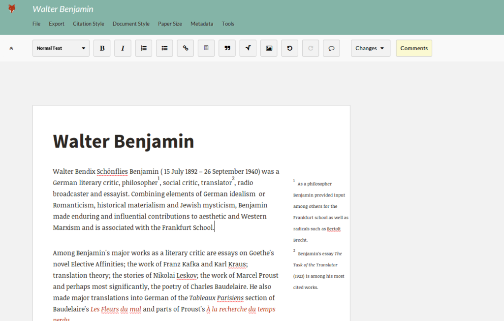 In the Fidus Writer editor the text is now shown in just one large text window. Footnotes are shown on the right, as close as possible to were they were inserted, but not overlapping.